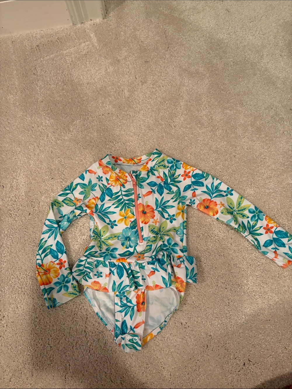 Little Me White Teal Orange Floral Long-Sleeve One-Piece
